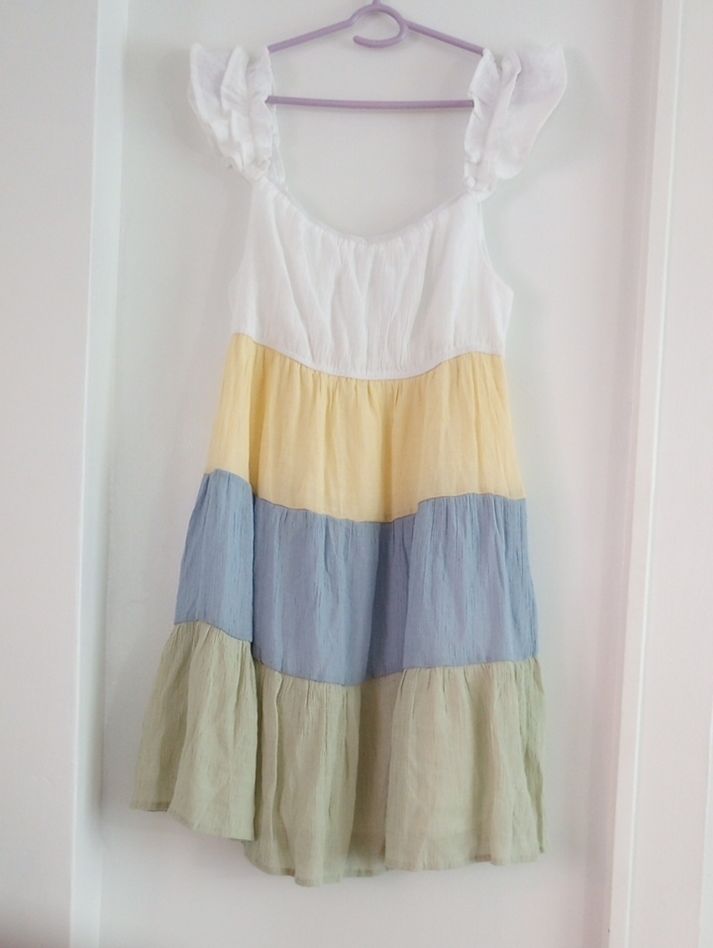 Mine Tiered Ruffle Strap Dress Summer White, Yellow, Blue & Green Size L